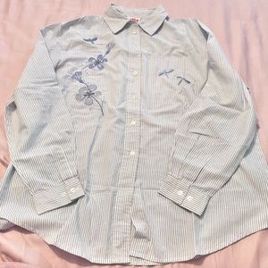 Alia Sport Long Sleeve Button Down Shirt Blue/White Stripes & Embroidery